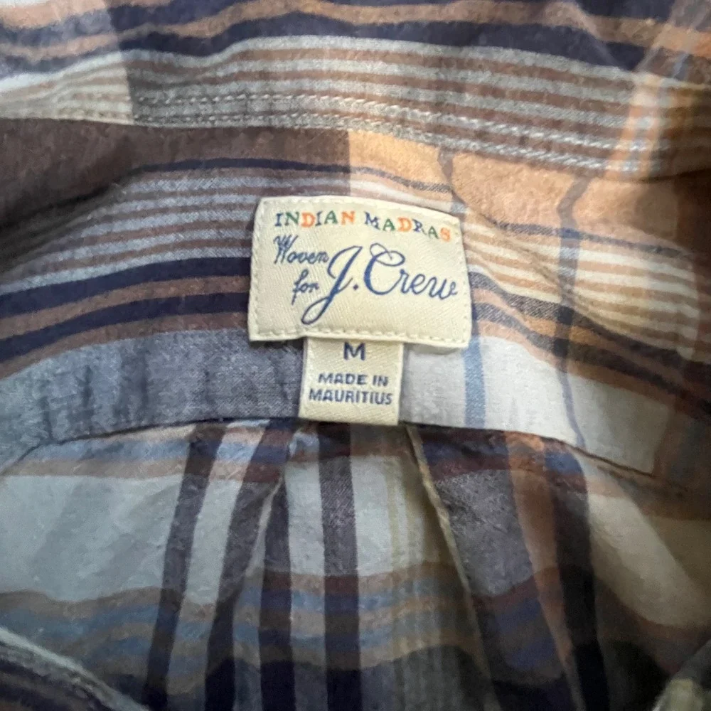 J. Crew Indian Madras Button Down Shirt Mens Size M Blue Brown Plaid Long Sleeve